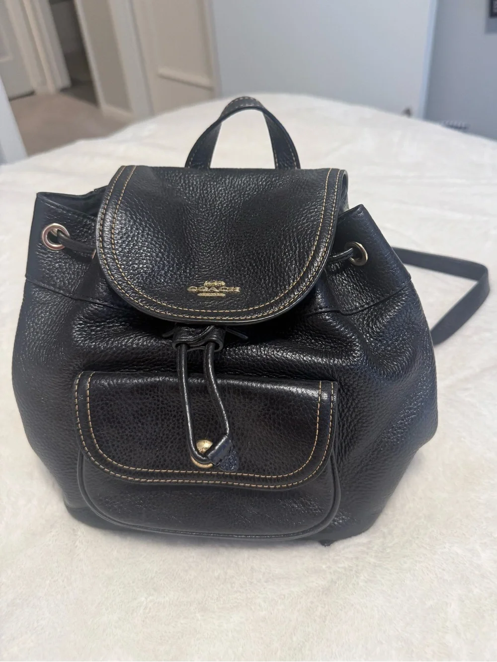 Coach Black Pebbled Leather Mini Drawstring Backpack